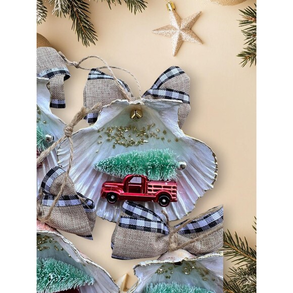 4 Scallop Shell Christmas Ornaments, Vintage Red Truck, Burlap Bow Coastal Decor - Picture 4 of 4